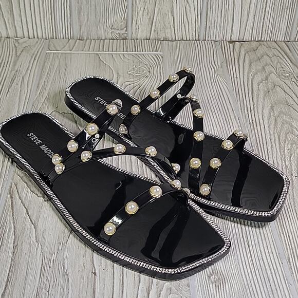 Steve Madden Nonii Black Pearl Embellished Studded Flat Sandals Womens 10 NEW - Picture 11 of 14